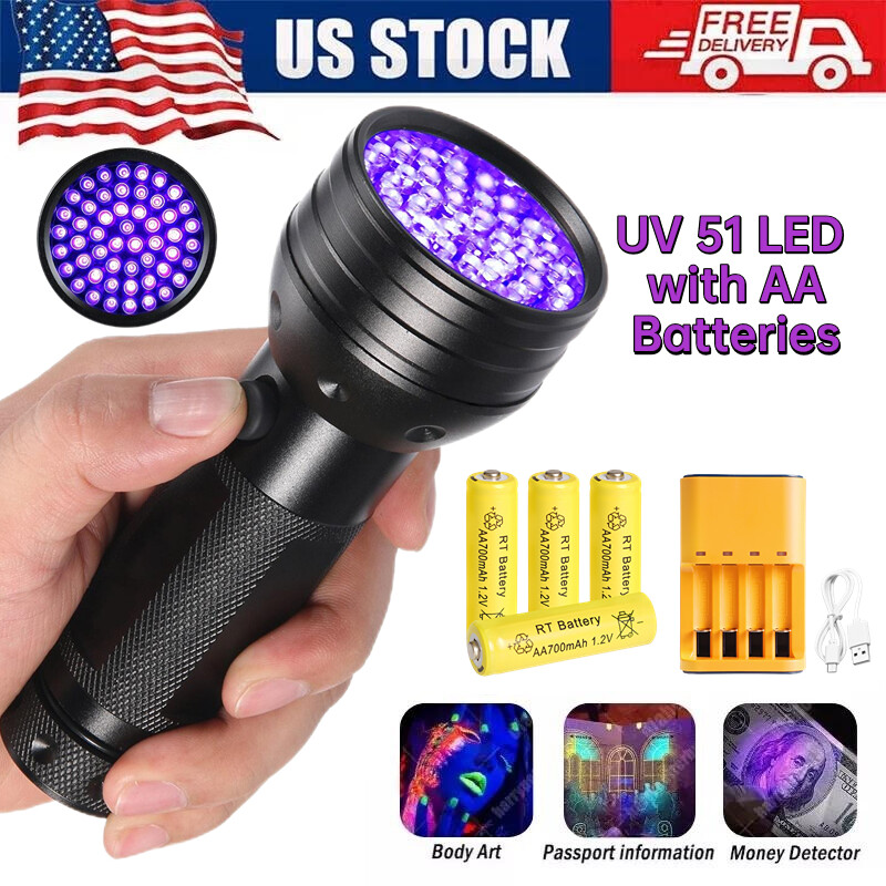 UV 51 LED Flashlight Rechargeable Black Light 395nM with 1.2v AA NiMH Batteries