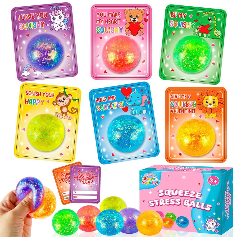 Valentines Day Gift Cards for Kids with Stress Balls,30 Packs Stretchy Squish...-image
