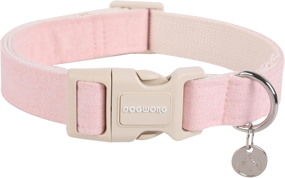 Heavy-Duty Adjustable Pink Cotton Hemp Dog Collar Soft Natural Fabric