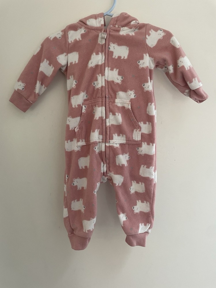 Carter's Baby Girls Cute White Bear Cozy Fleece Hooded Zip-Up Jumpsuit Pink 6M