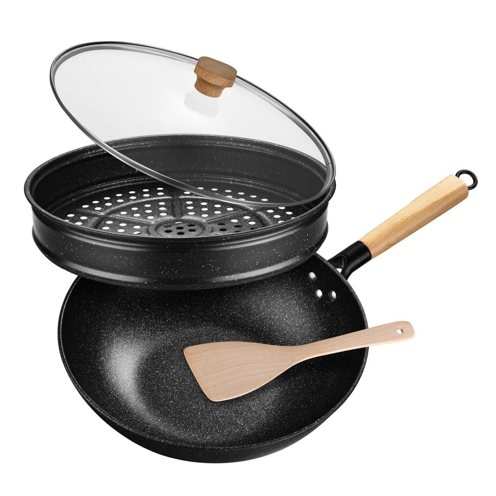 Non-Stick Wok with Steamer Basket,12 Inches Stir Fry Pans with Lid, Wok Pan F...