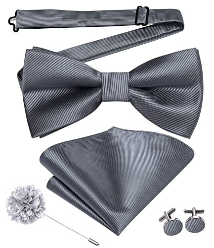 Elegant Dark Gray Mens Bow Tie Set with Pre-Tied Design, Pocket Square, Lapel Pin & Cufflinks  
