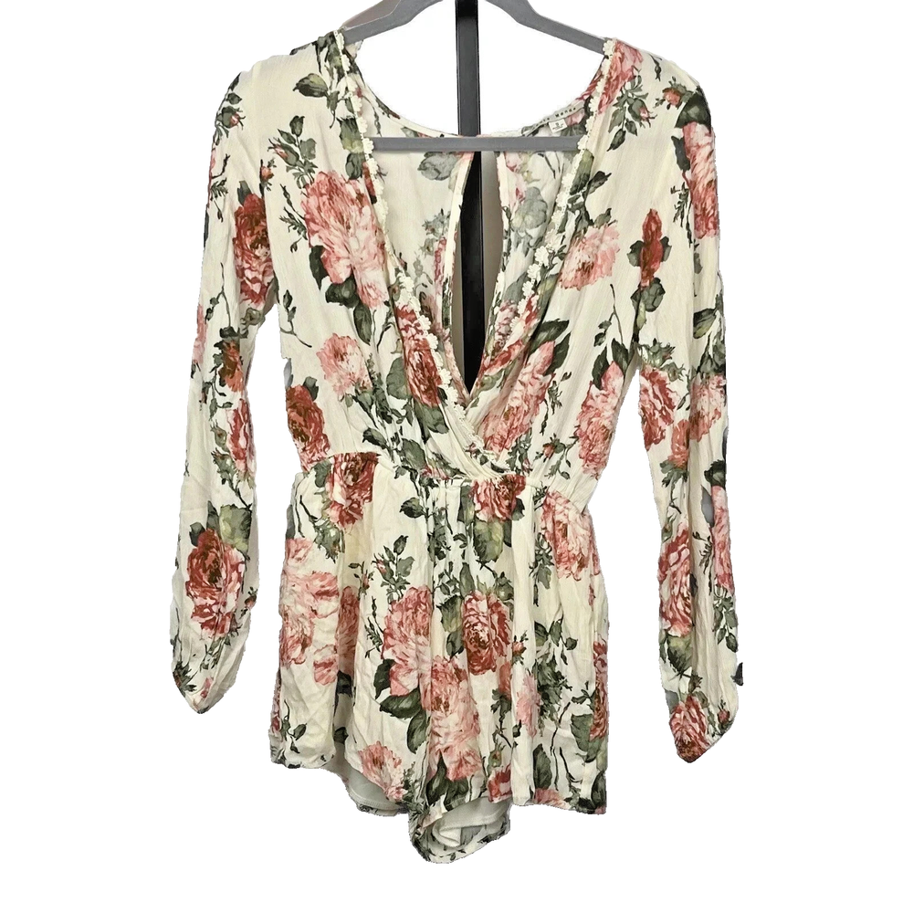 Haute Monde Floral Boho Romper S Open Back Crochet Cream Roses Cottage Romantic
