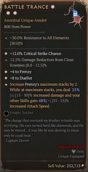 Diablo 4🔥Season 7 Softcore🔥Battle Trance BARBARIAN Unique Amulet