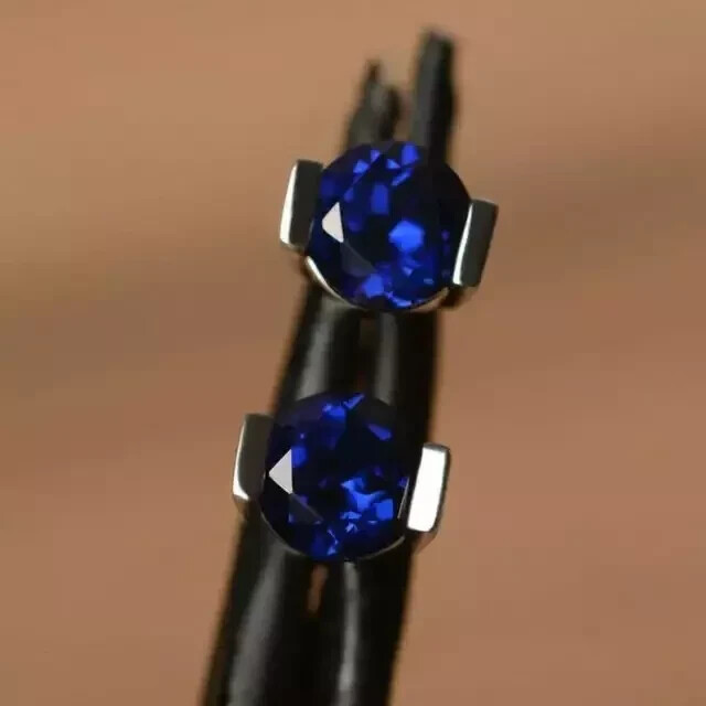 1.7Ct Lab Sapphire Round Cut Stud Earrings in 14K White Gold