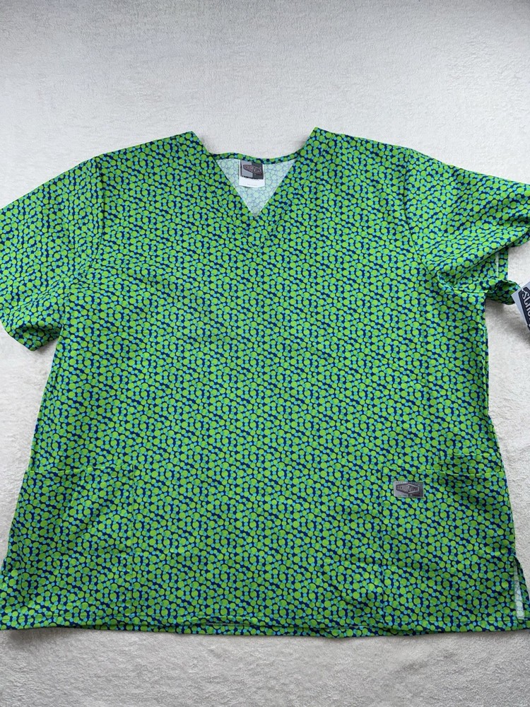 Scrub Zone By Landau Women’s V Neck Scrub Top 3XL Plus Size Polka Dot Blue Green