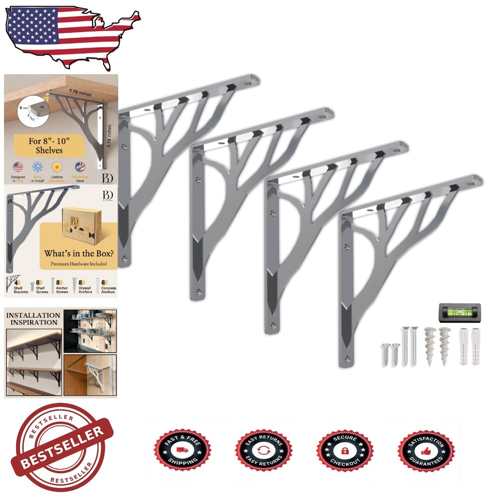 Heavy Duty Powder-Coated Chrome Shelf Brackets for 8-Inch Shelves