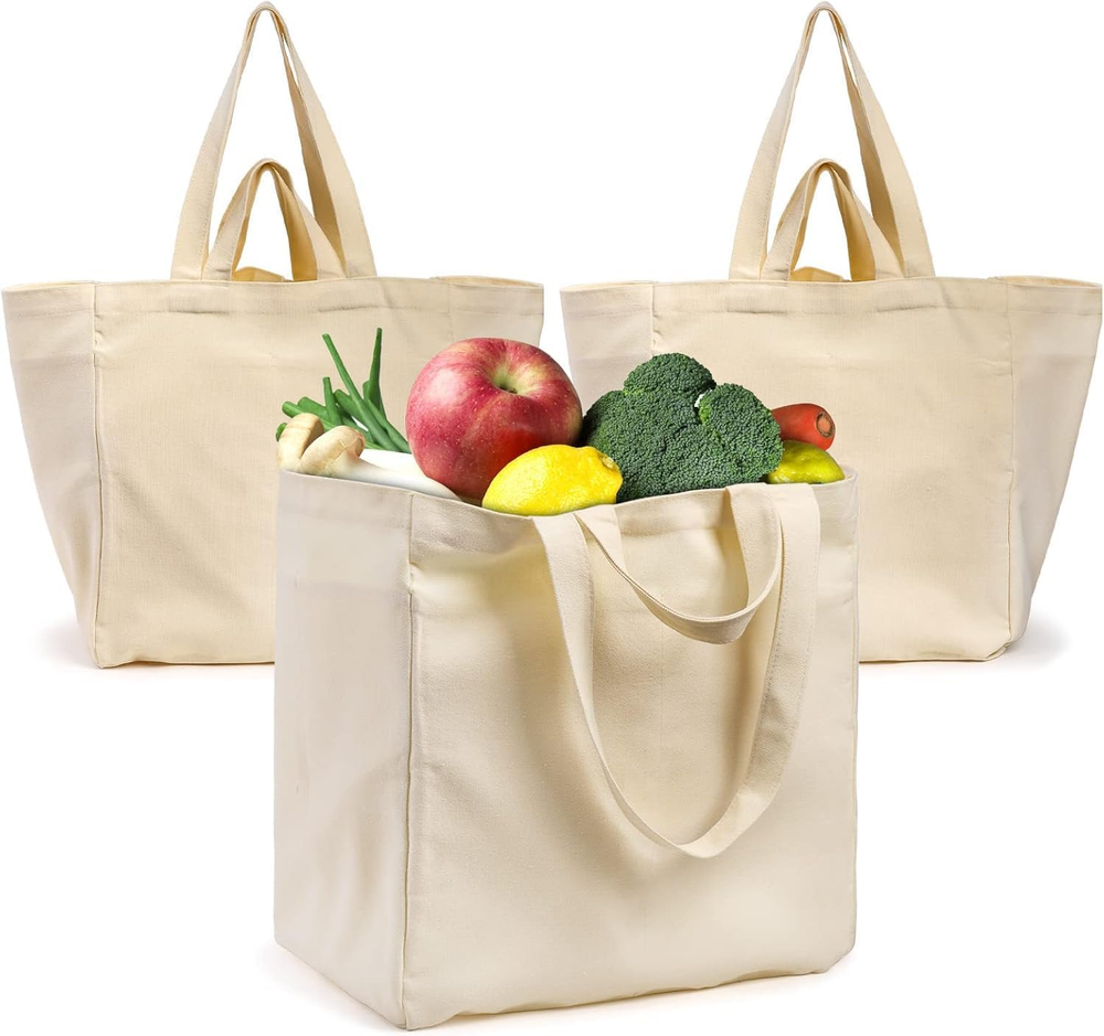 3 Pack Thick Canvas Grocery Tote Bags with Bottle Sleeves, Large Reusable Shoppi