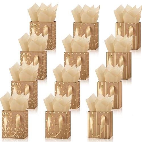 12 Pcs Mini Metallic Gift Bags Brown Gold 9x4x7 Inches