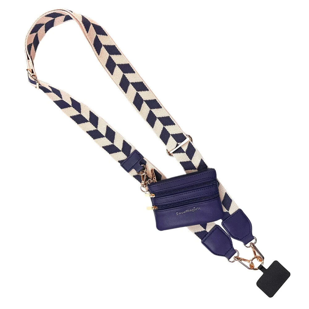 Navy Blue Cream Chevron Save The Girls Phone Strap with Pouch Clip