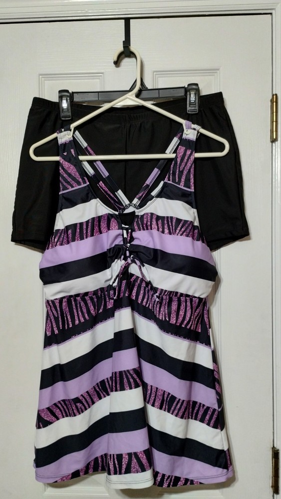 Black White Purple Striped Tankini Set 3XL Adjustable Straps Polyester Women's