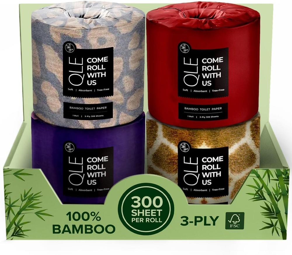 QLE 4-Pack 3-Ply Bamboo Toilet Paper Rolls 300 Sheets for RV Use