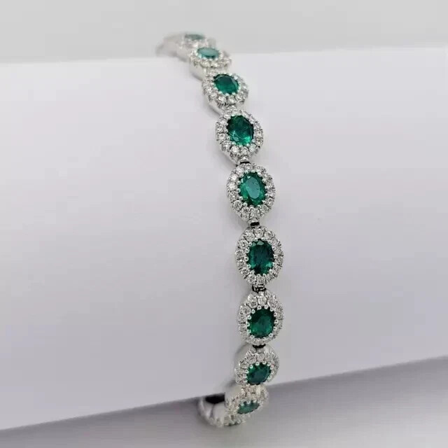 6CT Oval Lab-Created Emerald Tennis Bracelet in 14K White Gold Plated 7 Inch