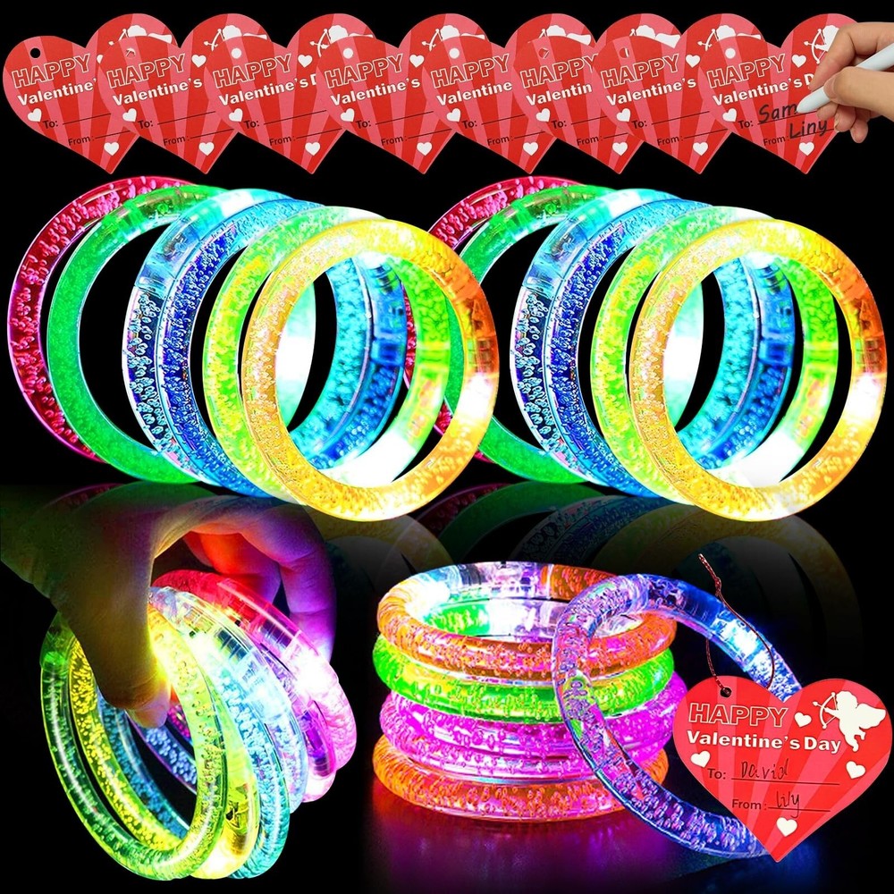 AMENON 24 Pack Valentines Day Gifts for Kids Glow In The Dark LED Bracelets w...