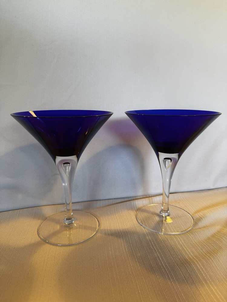 Cobalt & Clear Teardrop Martini Glass with Block Crystal Design