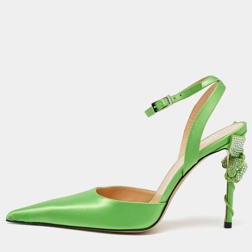 Mach Mach Green Satin Wonder Tulip Pointed Toe Ankle Strap Sandals Size 37