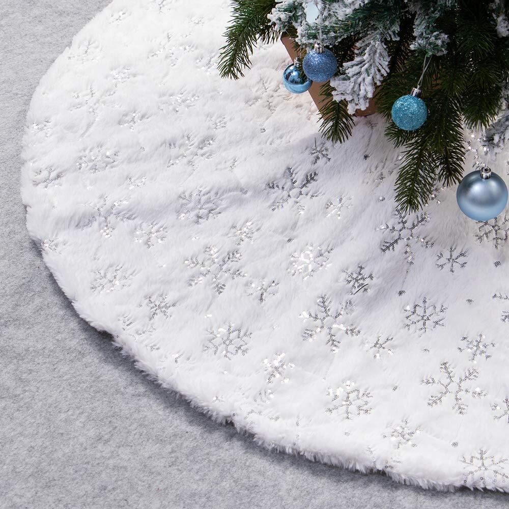 Sequin Christmas Tree Skirt Soft Plush Mat White Faux Fur Holiday Party Decor...