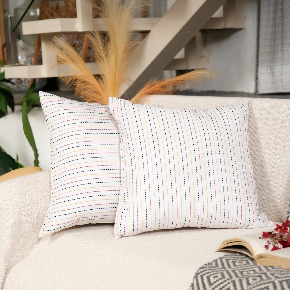 Decorative Striped Cotton Linen Cushion Cover Set of 2 for Sofa & Bed Home Decor