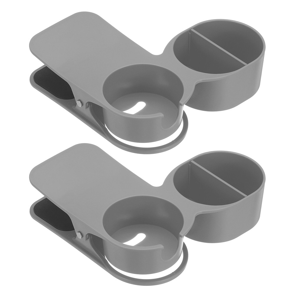 Desk Cup Holder Clip, 2 Pcs Clamp on Table Bottle Holder with Storage, Grey