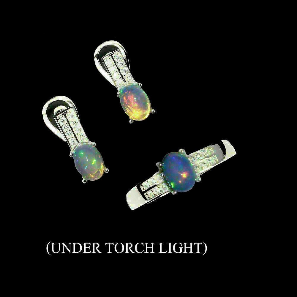 Silver Earring Ring Opal Genuine Mined Gems Solid Sterling Q 1/2 US 8.5