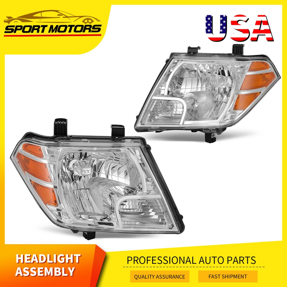Headlights Assembly For 2009-2021 Nissan Frontier 4-Dr Chrome Housing Headlamp