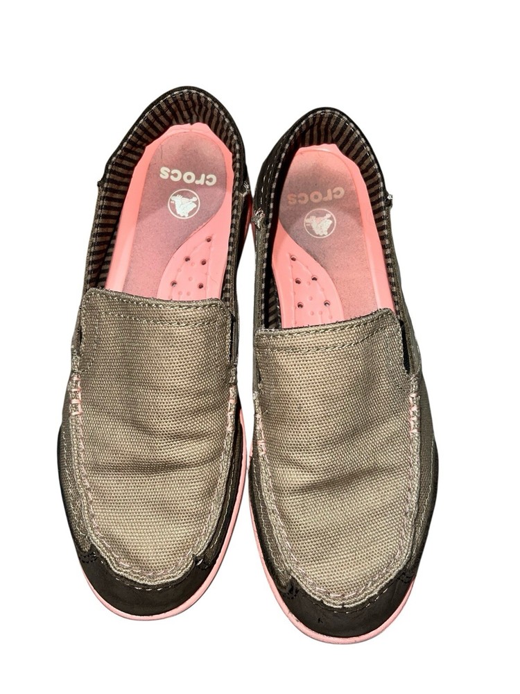 Crocs Walu Canvas Loafers Brown Coral Slip-On Casual Shoes Women’s Size 6