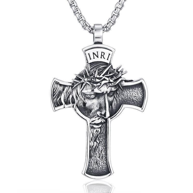 Mens Stainless Steel Jesus Christ Face Crucifix Cross Pendant Necklace Chain