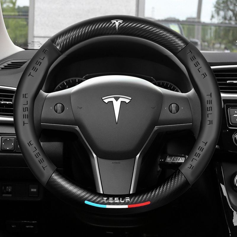 Tesla Carbon Leather Steering Wheel Cover 15 Inch Black Car Accessory
