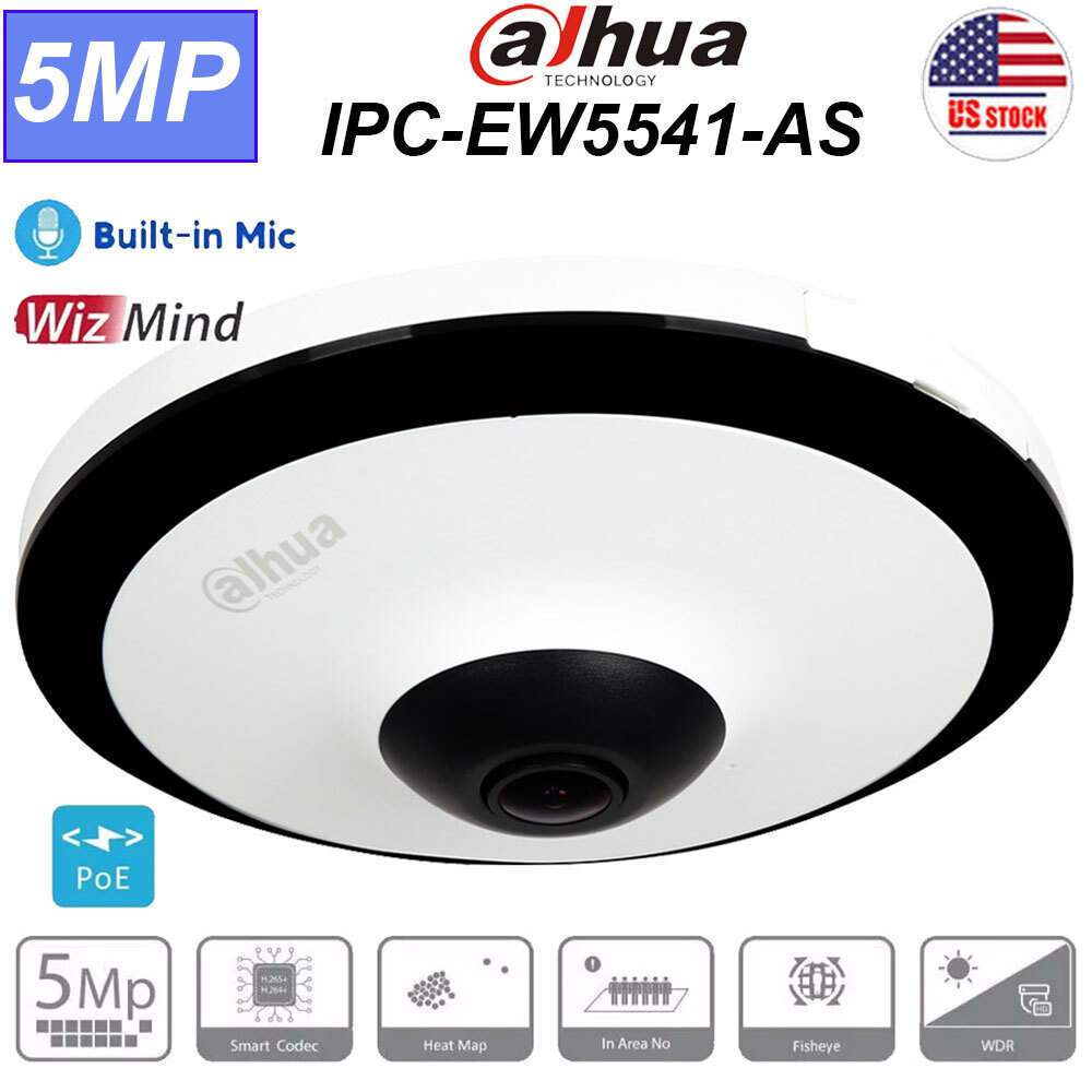 Dahua Heat Map 5MP IVS WizMind IR Fisheye POE IP Camera Mic 1.4MM IPC-EW5541-AS