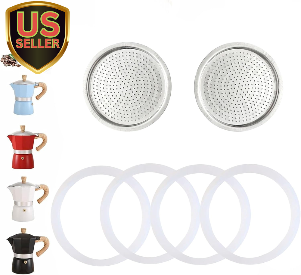 2-Pack Coffee Filters with 4 Silicone Seals for 12/14-Cup Moka Pot