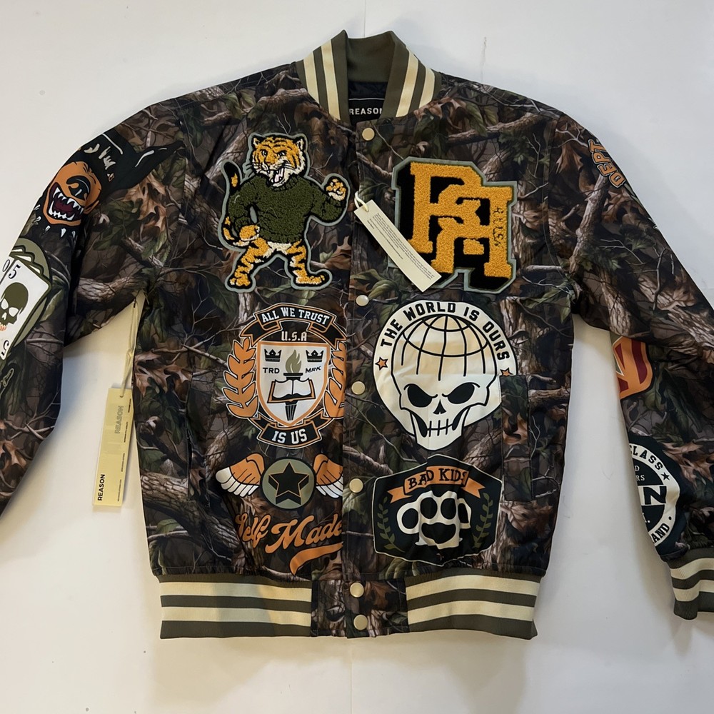Reason Varsity Jacket “TRUST NO ONE” w/ Patches Green Camouflage Men’s Sz S NEW