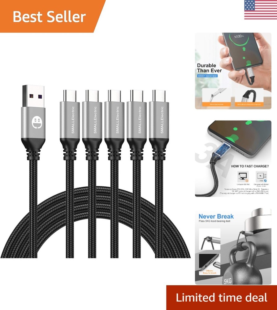 5-Pack 10ft USB C Braided Fast Charging Cable for Galaxy & Laptops in Silver