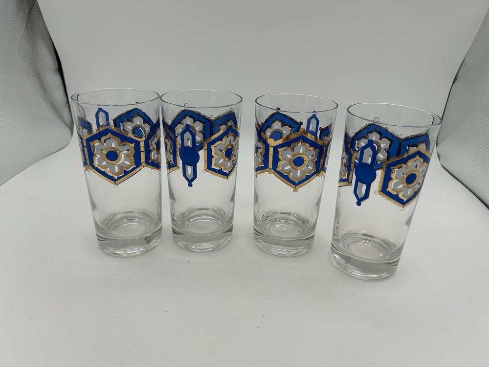 Libbey Mid-Century Blue Gold Star Snowflake Glass Set of 4