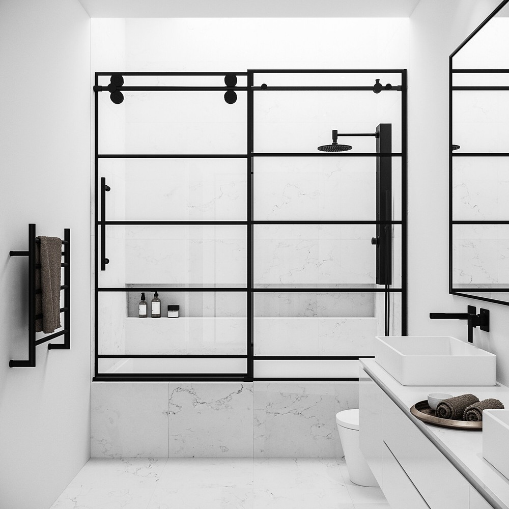 VIGO Elan Frameless Sliding Door Matte Black Tub Door, 56