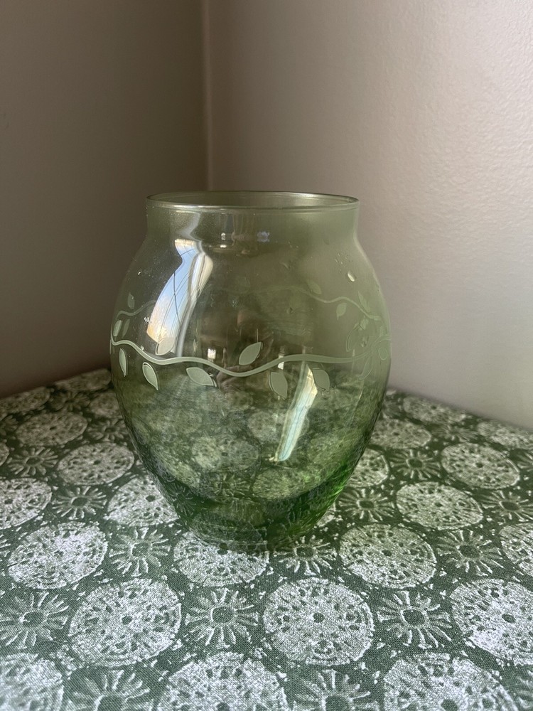 Vintage Libbey Green Etched Leaves MCM Glass Vase Mid Century Modern
