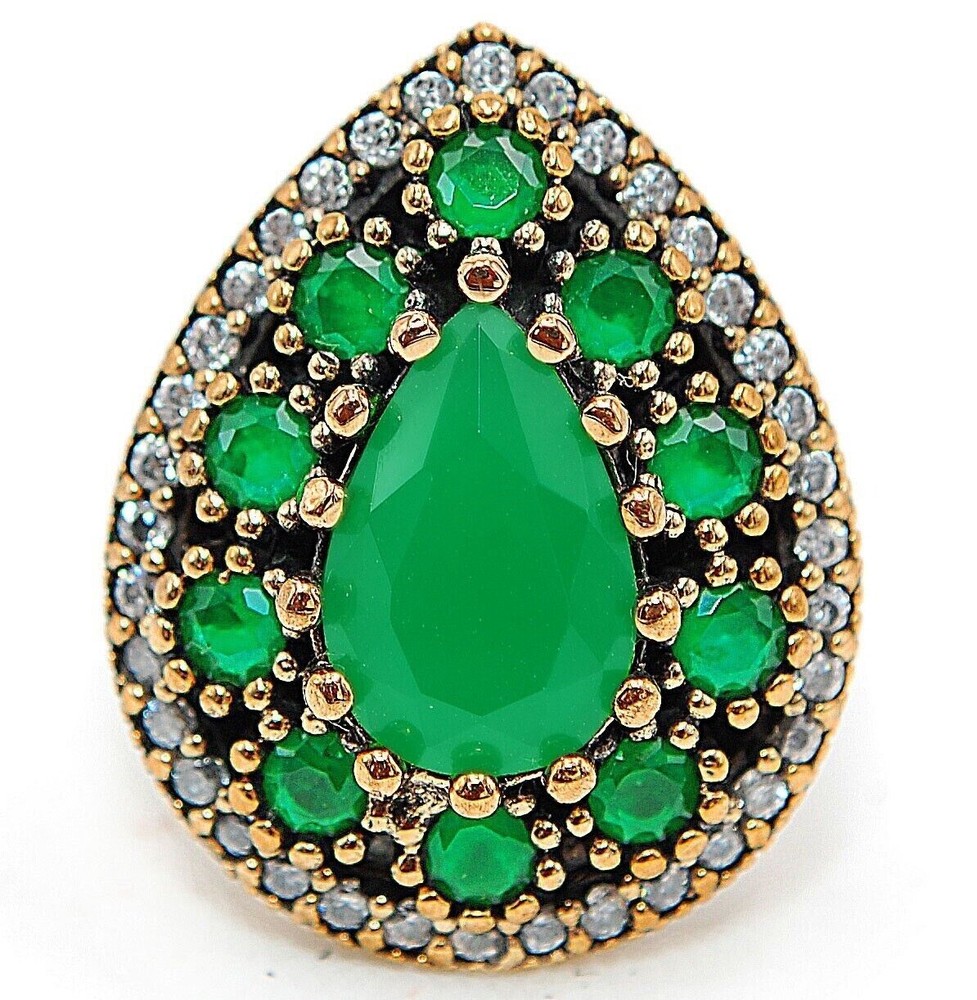 6CT Treated Emerald Ottoman Empire Style 925 Sterling Silver Ring Size 8 HB1-5