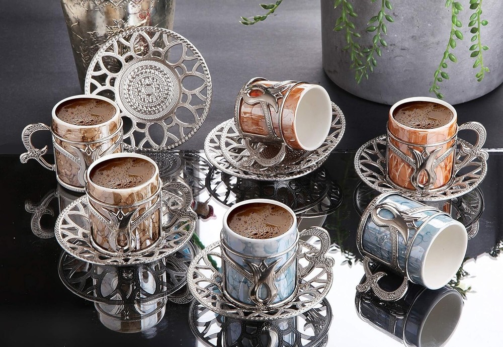 Porcelain Turkish Coffee Cups Espresso Cups and Saucers Demit [SET OF 6]