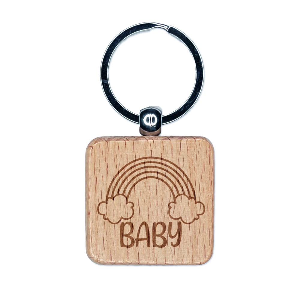 Rainbow Clouds Baby Engraved Wooden Square Keychain Charm  