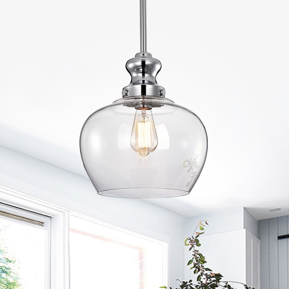 Rayli Chrome 1-Light Clear Bowl Glass Pendant Light Chrome