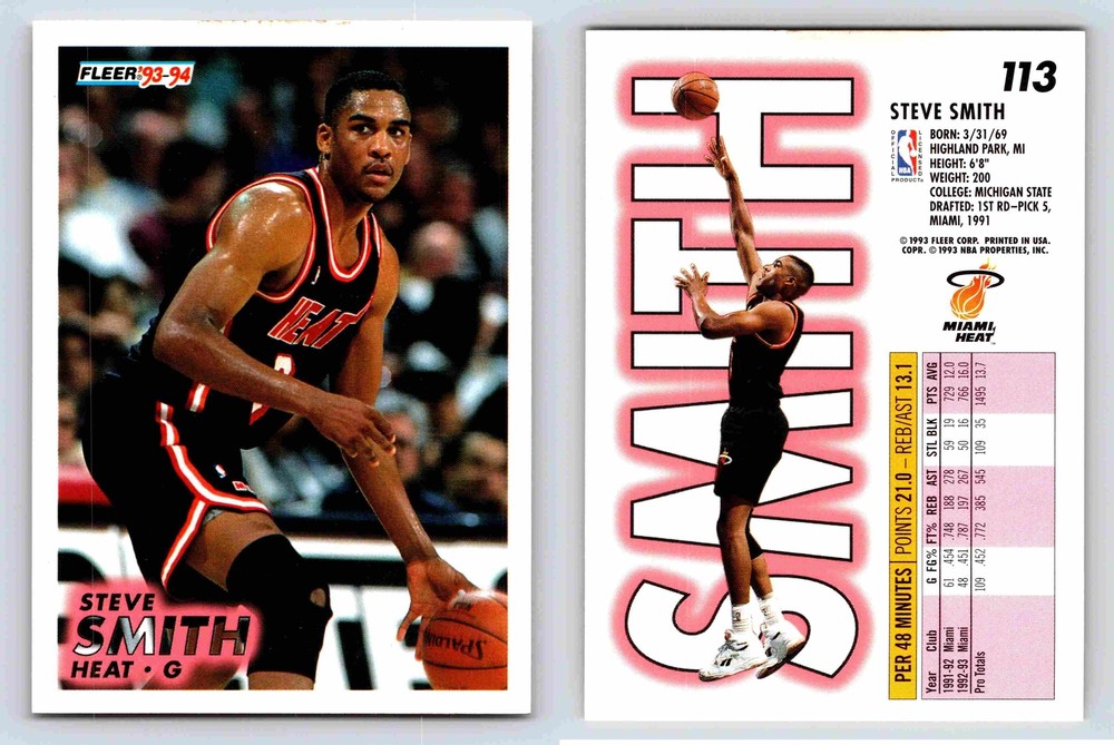 Steve Smith Miami Heat Guard Fleer 199394 Card 113 Basketball Memorabilia
