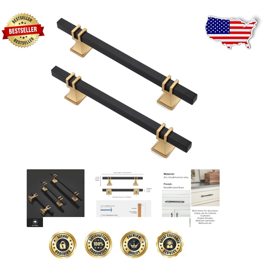 Modern 15-Pack Black Gold Kitchen Drawer Pulls - Easy Install & Elegant Design