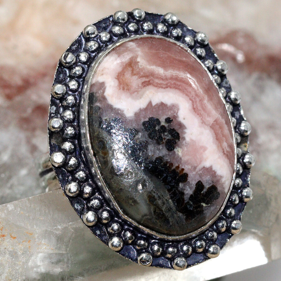 925 Silver Plated Pyrite In Rhodochrosite Ethnic Ring Jewelry Size US 6.5 JW