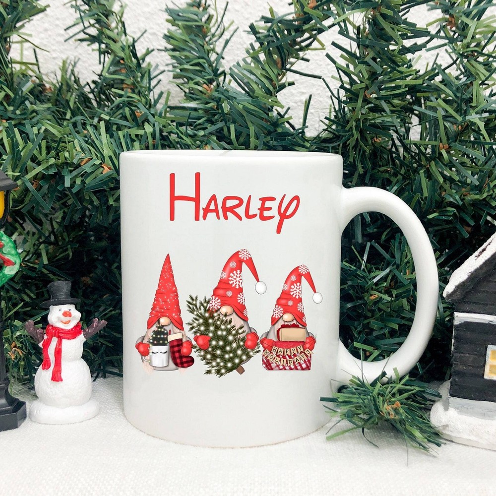 Personalised 10oz Christmas Mug Any Name Any Colour Text Xmas Gnomes Perfect