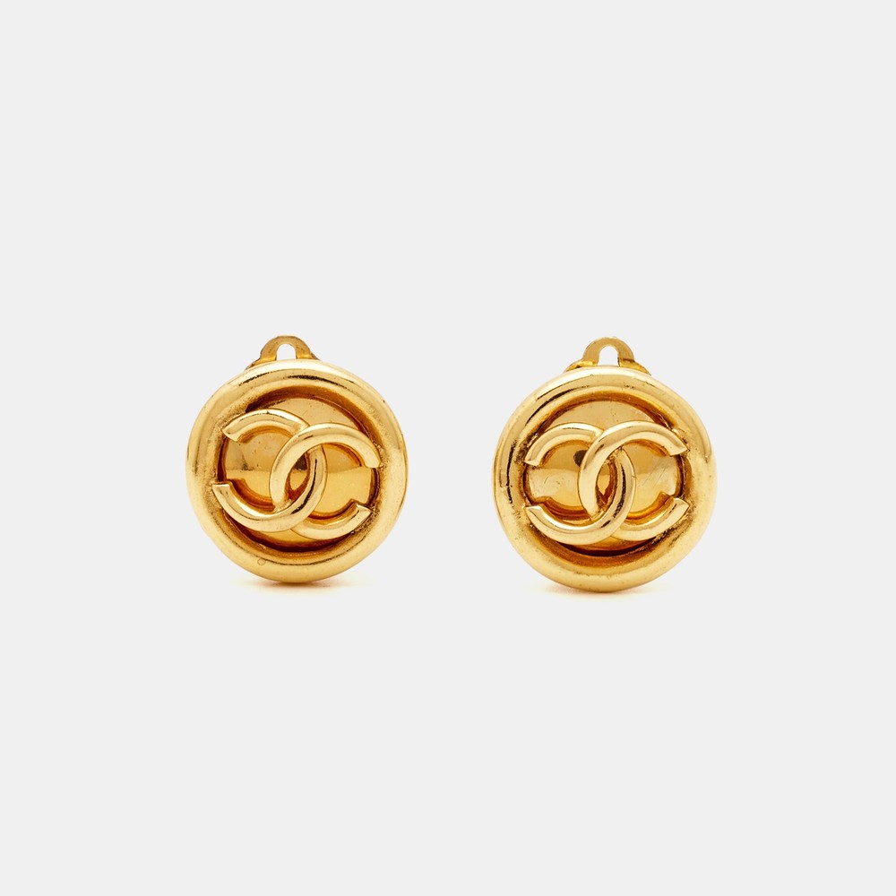 Chanel CC Gold Tone Round Clip on Earrings