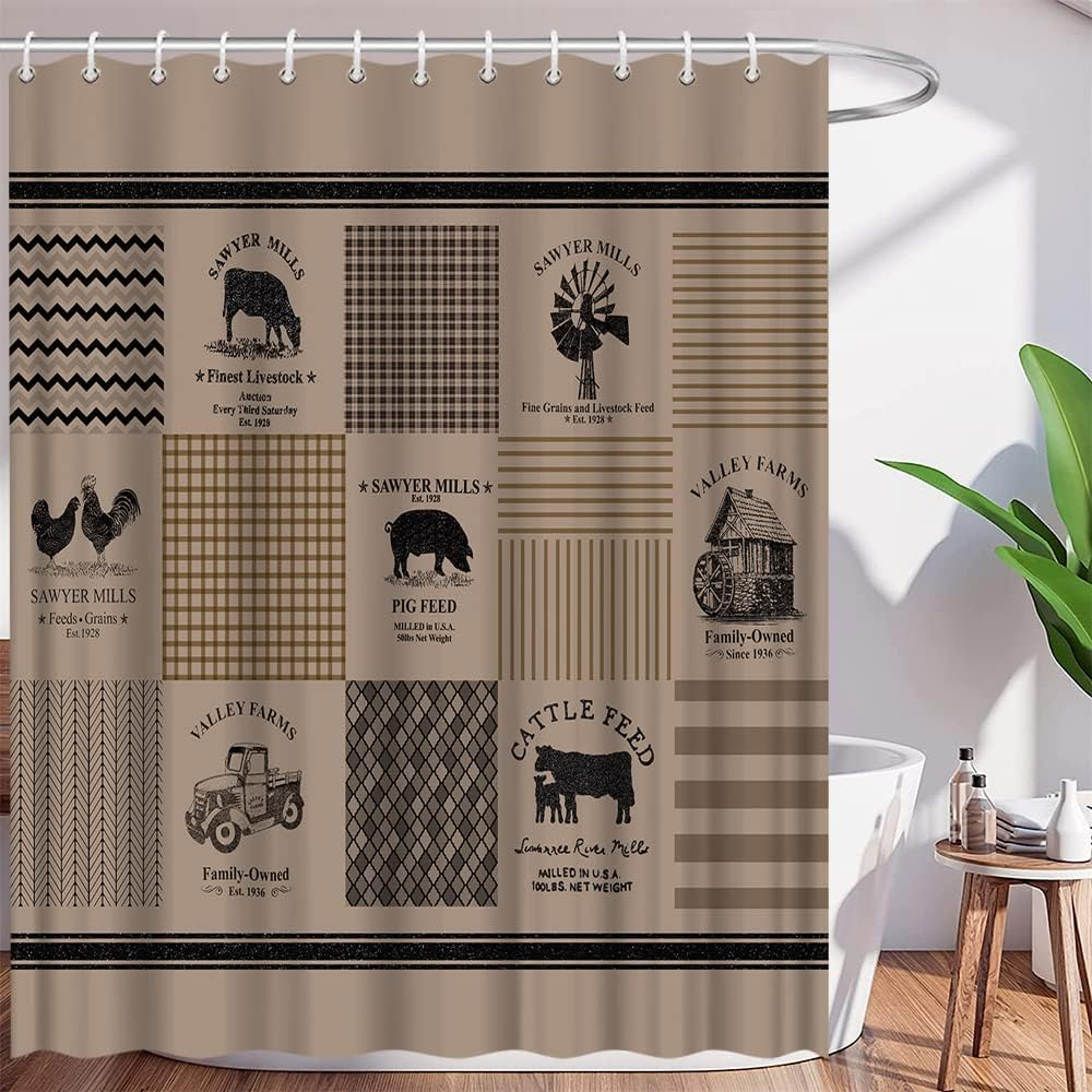 Farmhouse Shower Curtain Rustic Sawyer Mill Farm Animal Truck Windmill Plaid Ret