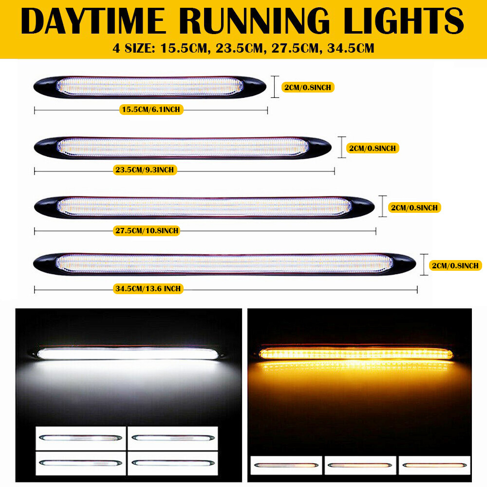 DRL LED WHITE AMBER Strip Light Daytime Running Sequential Turn Signal Lamp 2PCS
