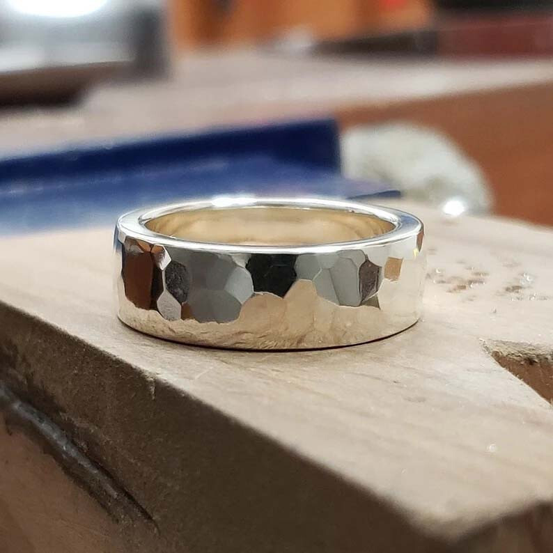 Handcrafted Hammered Wide Band 925 Silver Wedding Ring Forged Solid Band