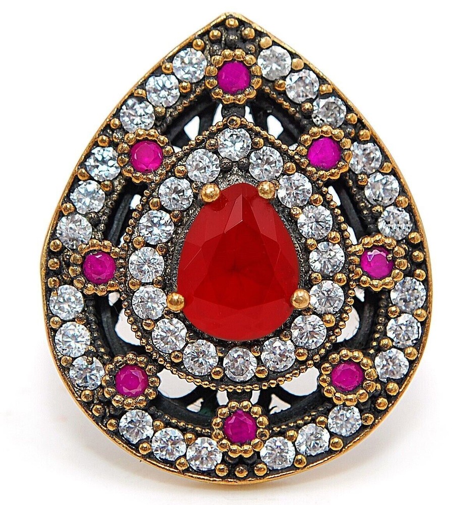 14CT Garnet & Topaz Ottoman Empire Style 925 Sterling Silver Ring Size 7.5