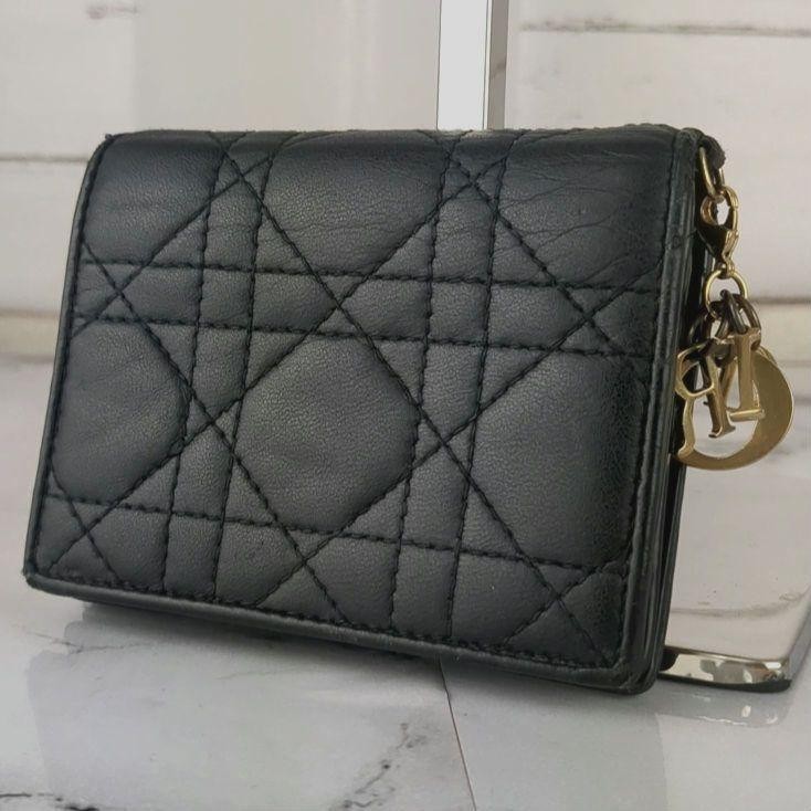 Dior Gardenia Wallet Quilted Canage Tri-Fold Black Used Junior Bag