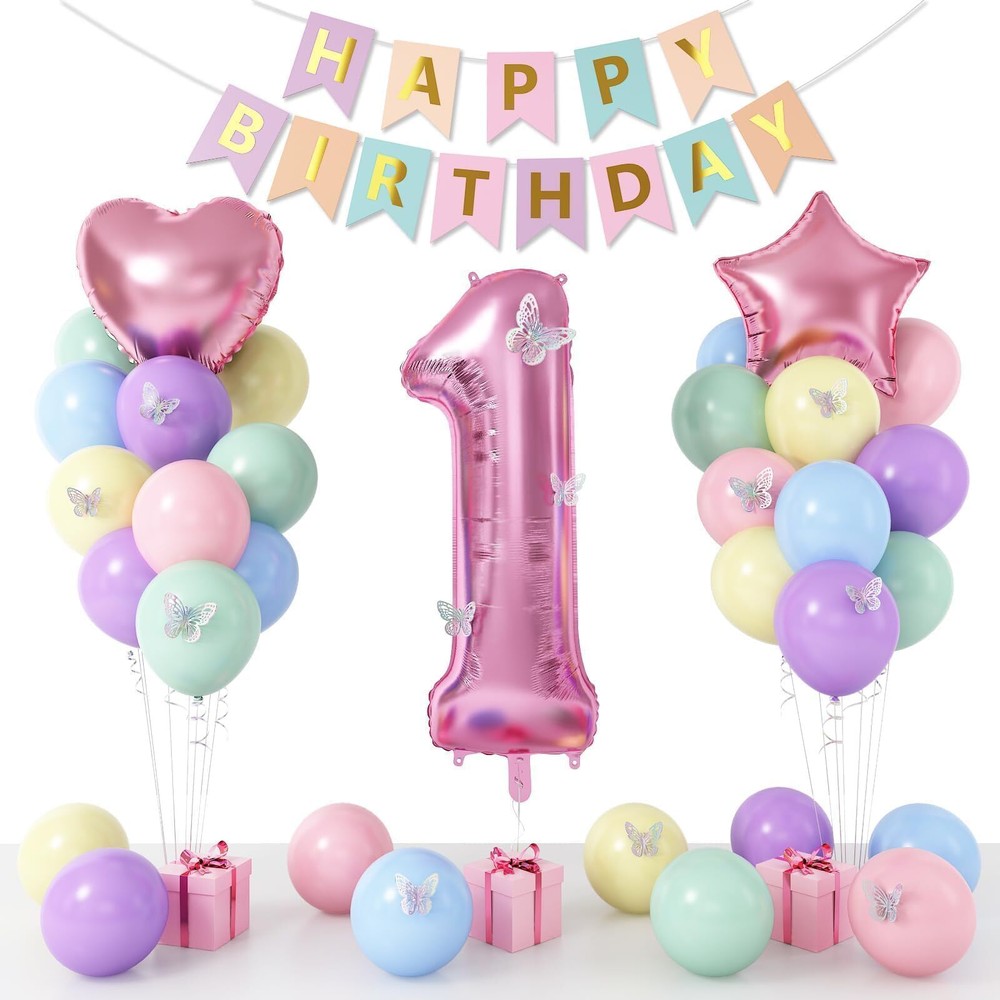 1st Birthday Decor for Girls - Pastel Macaron Balloons in Pink